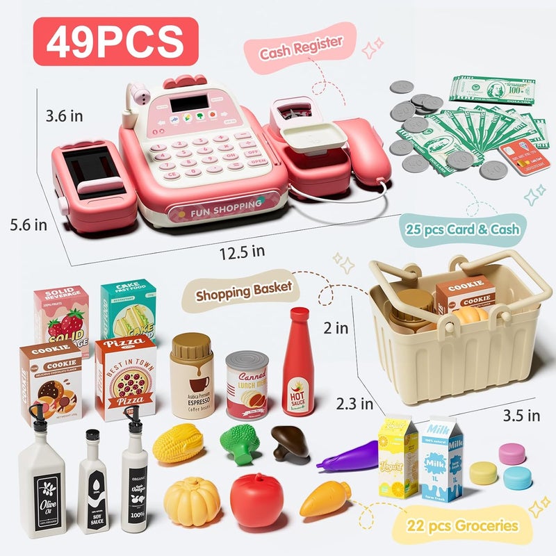 STACTCUTE 49PCS Pretend Play Cash Register Toy Set for Kids with Real Calculator,Scanner,Microphone,Conveyor Belt,Weighing Tool,Cashier Playset Realistic Gift for Toddler Kid Ages 3 4 5 6 7 8（Pink） - Image 2